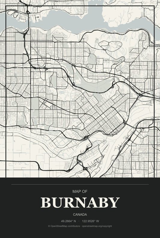 Burnaby, Canada City Map Aluminum Sign in Museum Plaque style
