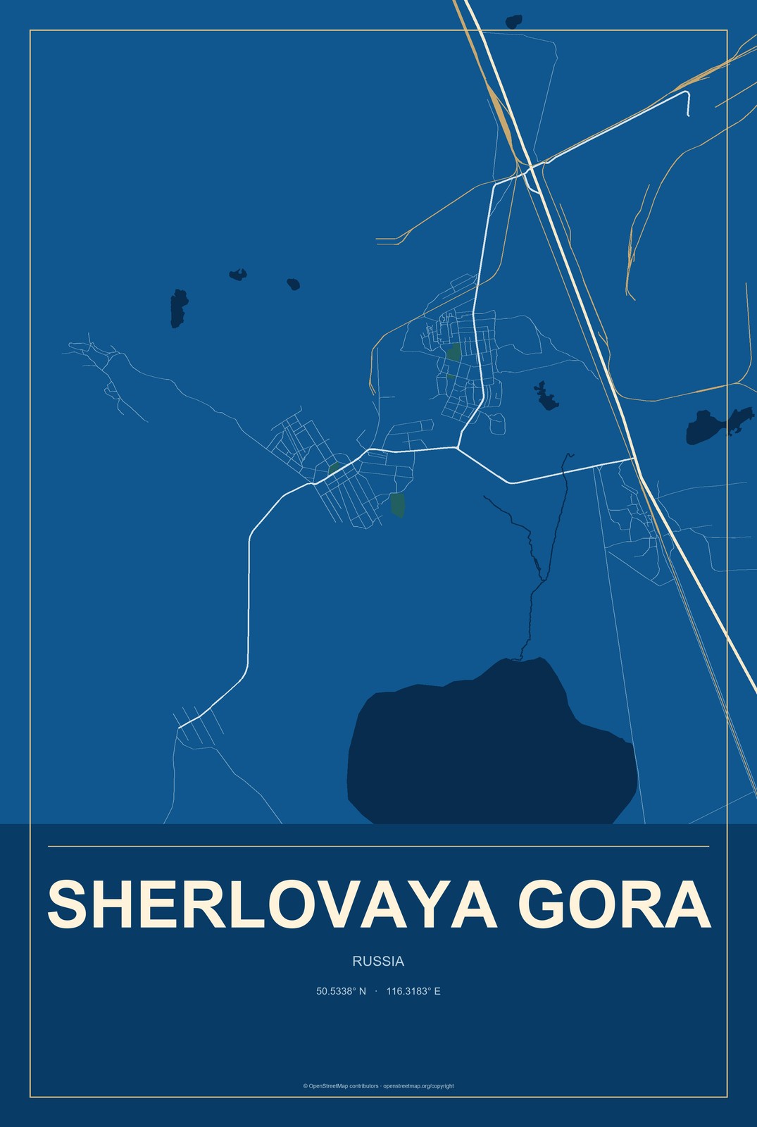 Sherlovaya Gora, Russia City Map Aluminum Sign in Harbor Cobalt style
