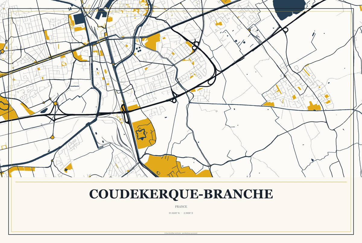 Coudekerque-Branche, France City Map Aluminum Sign in Citrine Modern style
