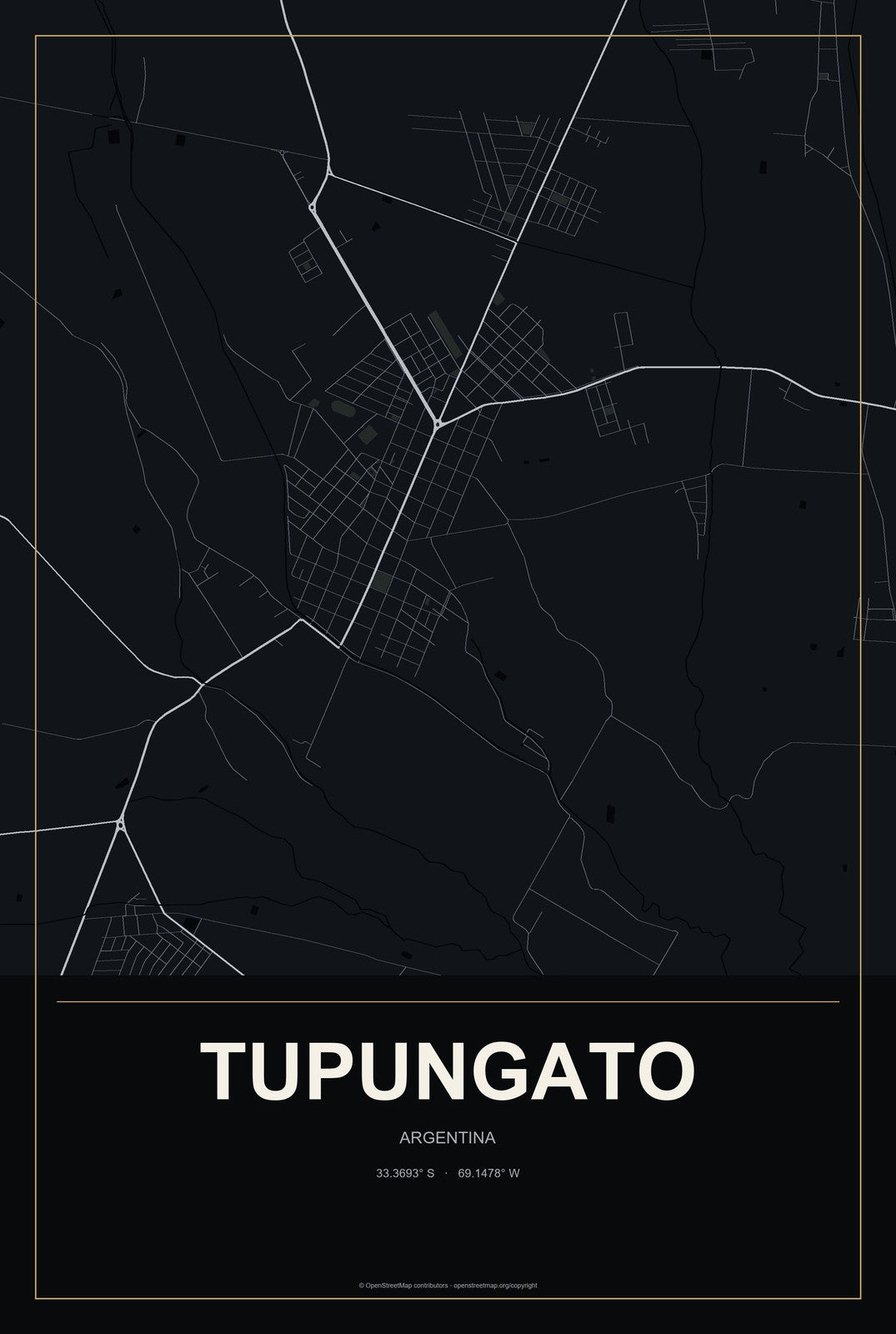 Tupungato, Argentina City Map Aluminum Sign in Metropolitan Noir style