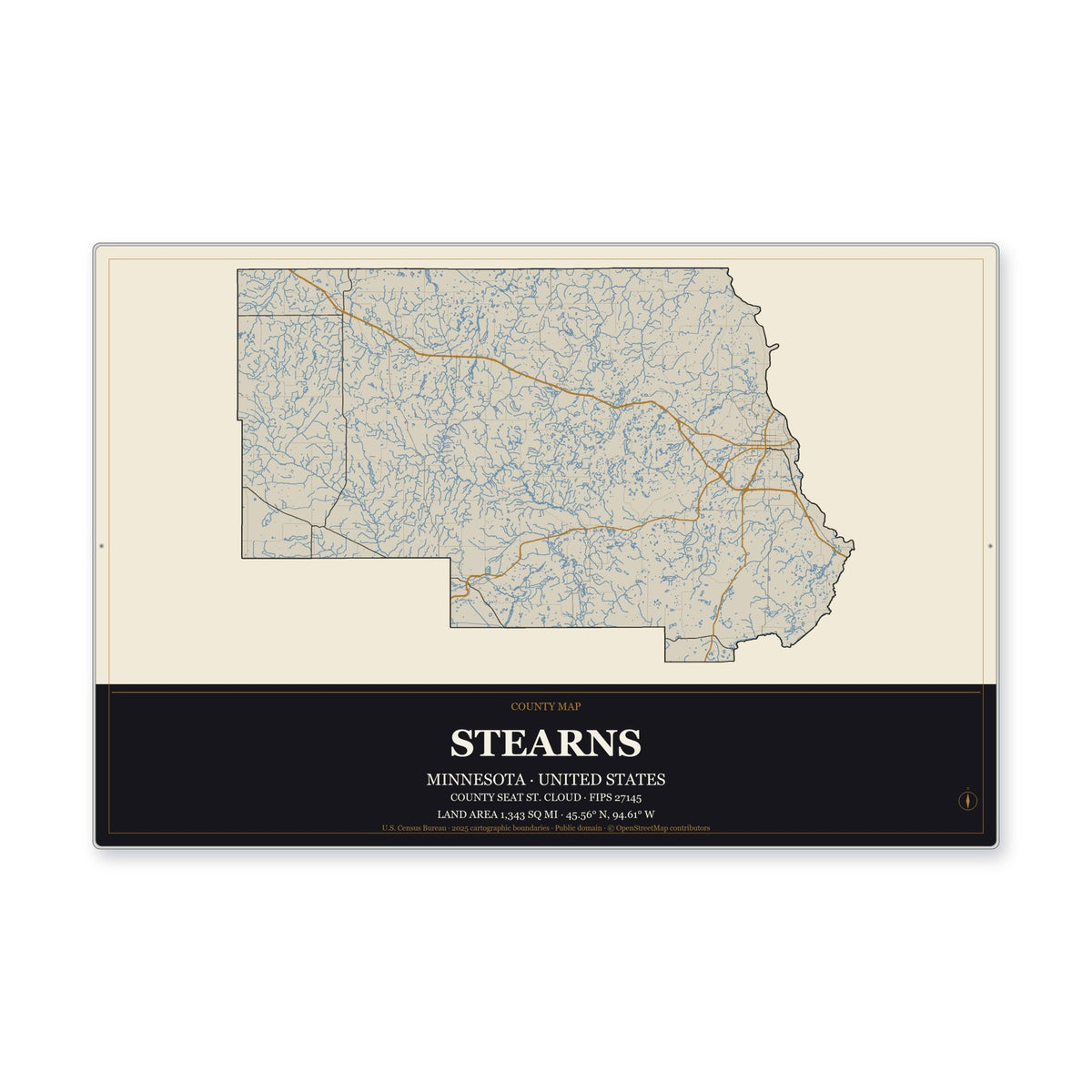 Stearns County, Minnesota Map Aluminum Sign in Museum Plaque style