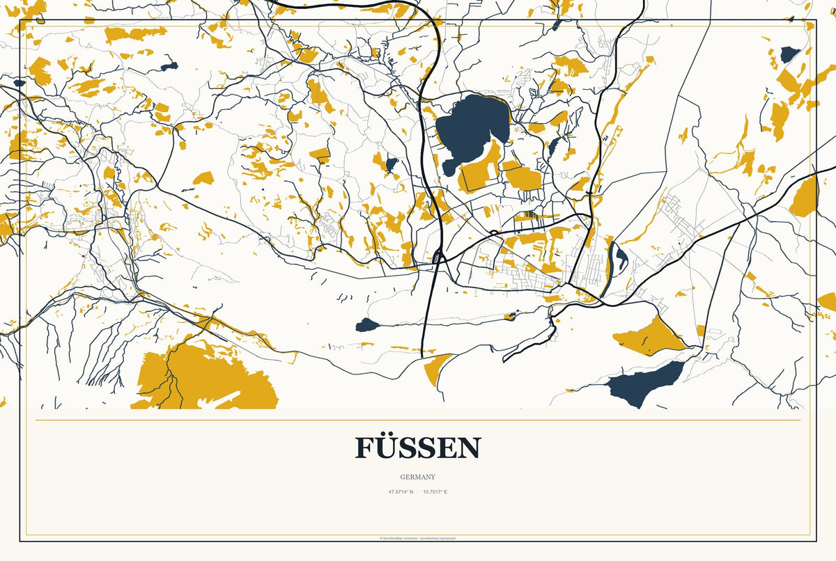 Füssen, Germany City Map Aluminum Sign in Citrine Modern style