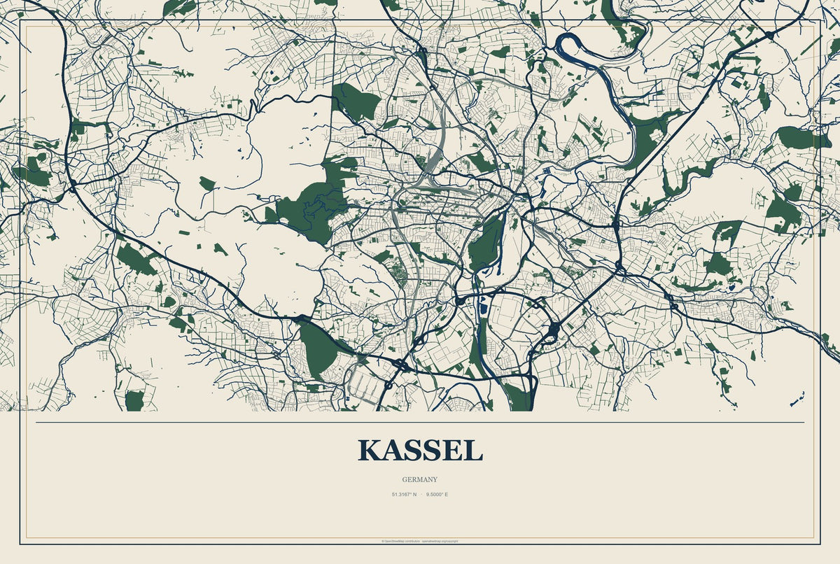 Kassel, Germany City Map Aluminum Sign in Coastal Cutout style