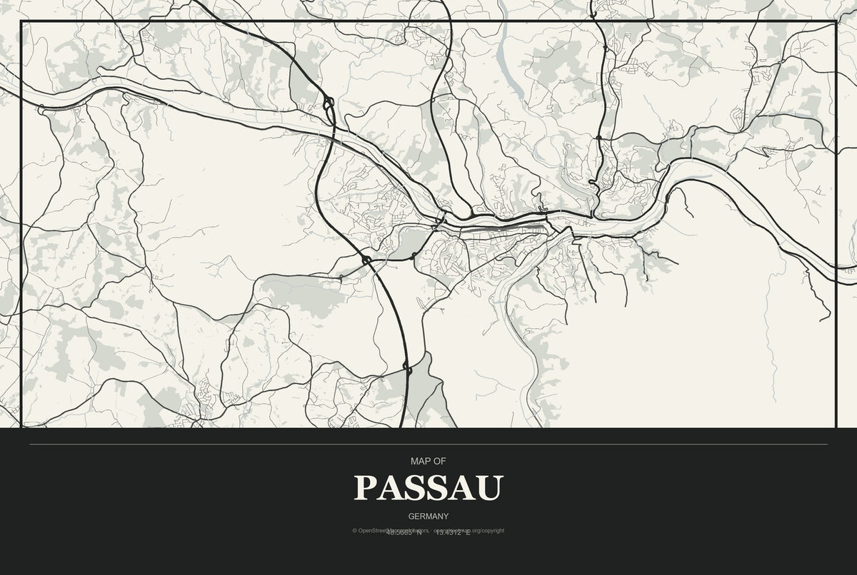 Passau, Germany City Map Aluminum Sign in Museum Plaque style