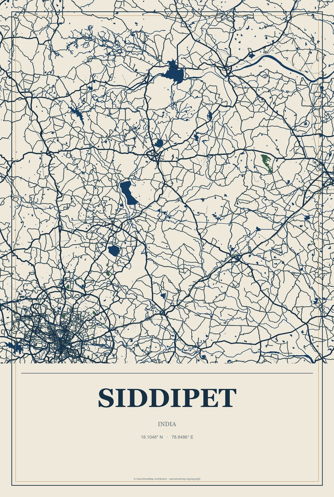 Siddipet, India City Map Aluminum Sign in Coastal Cutout style