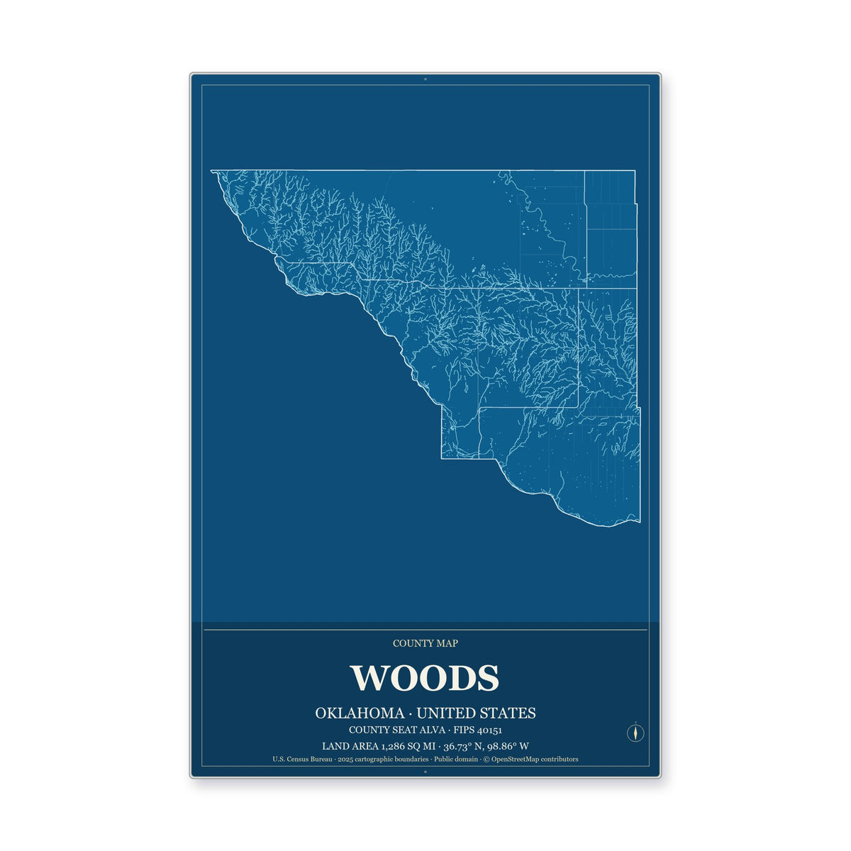 Woods County, Oklahoma Map Aluminum Sign in Harbor Cobalt style