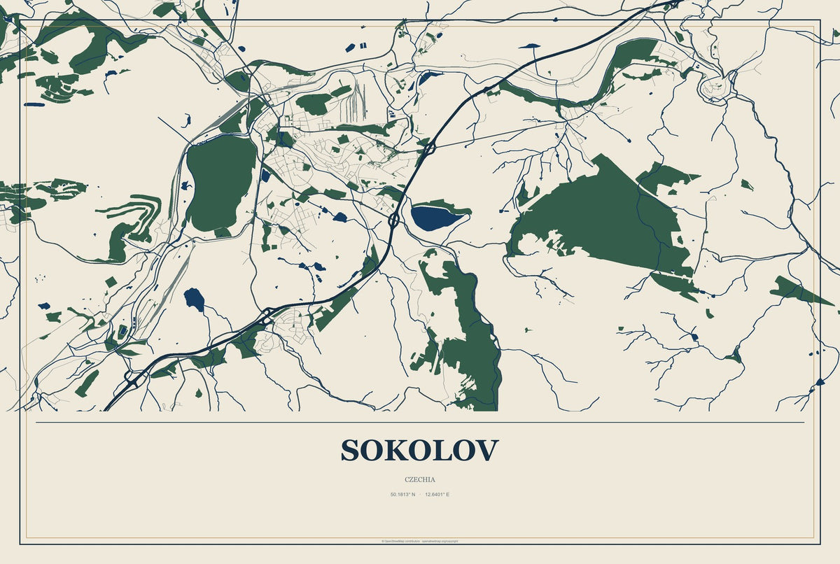 Sokolov, Czechia City Map Aluminum Sign in Coastal Cutout style