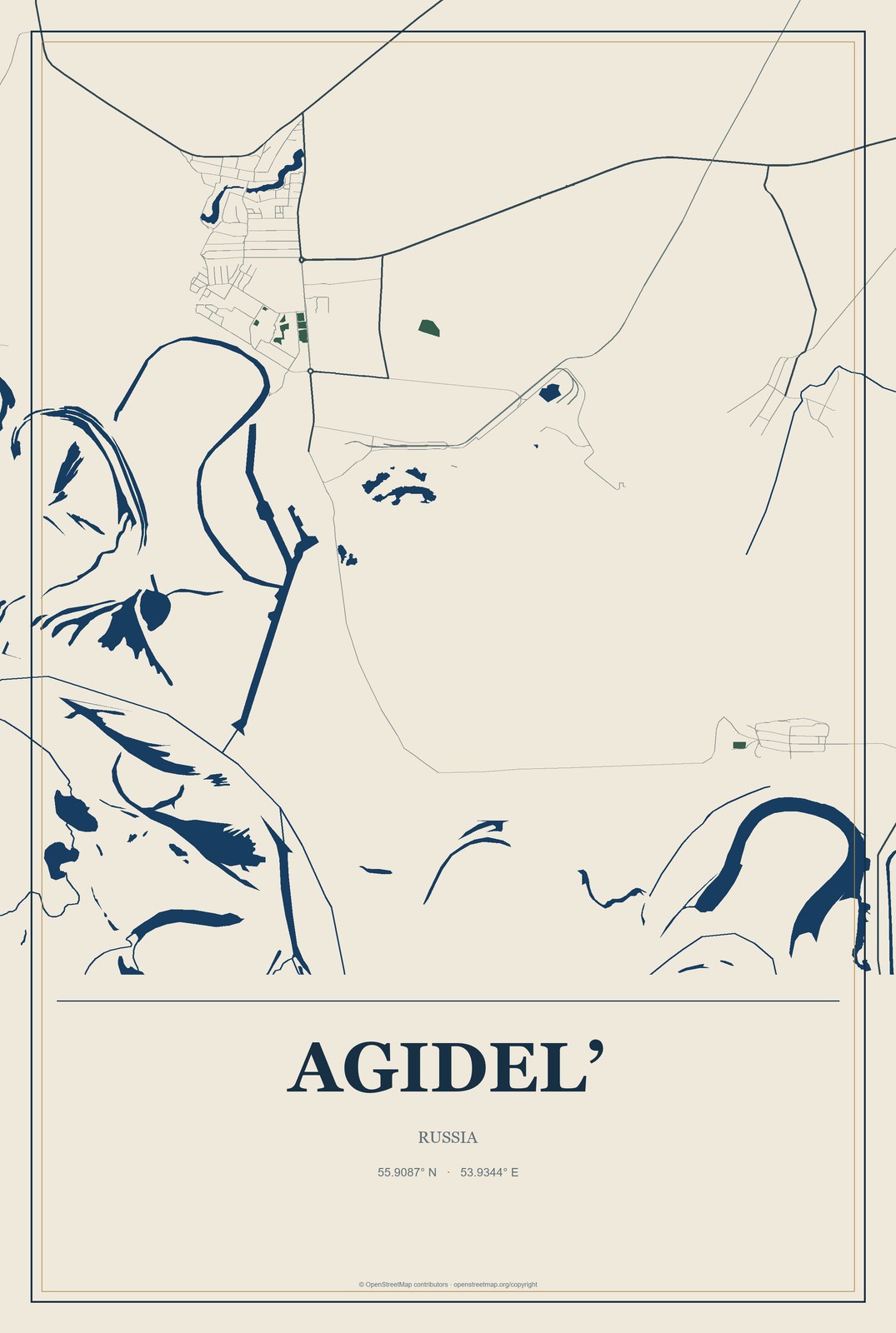 Agidel’, Russia City Map Aluminum Sign in Coastal Cutout style