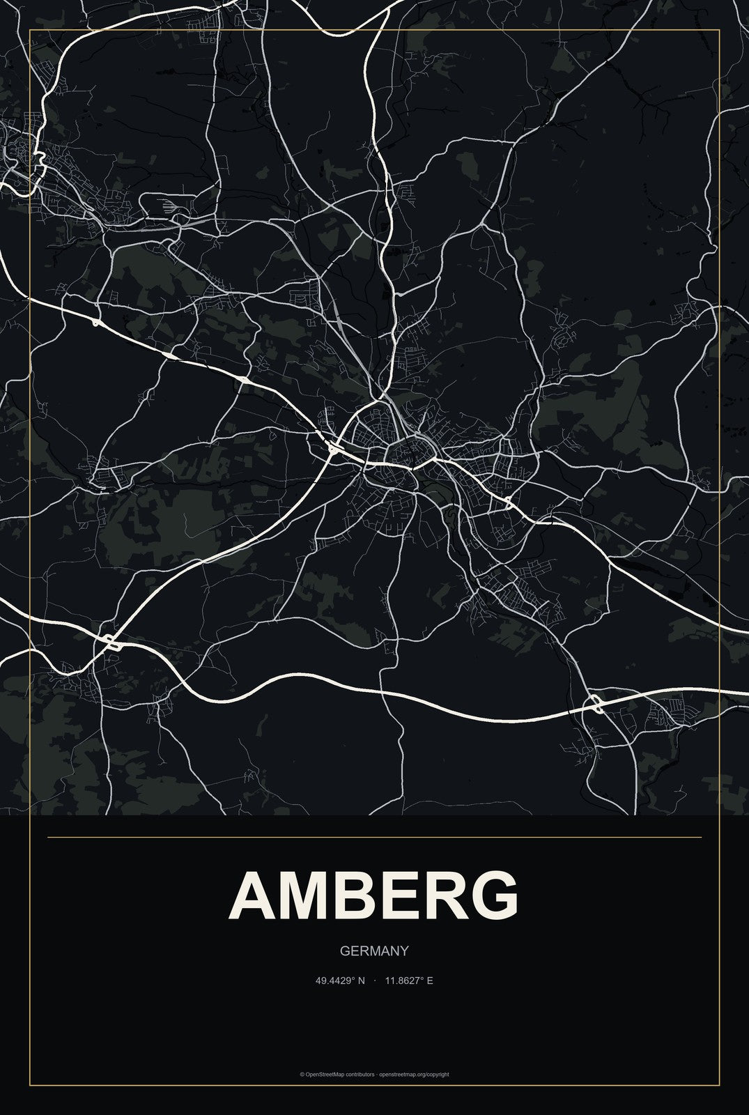 Amberg, Germany City Map Aluminum Sign in Metropolitan Noir style