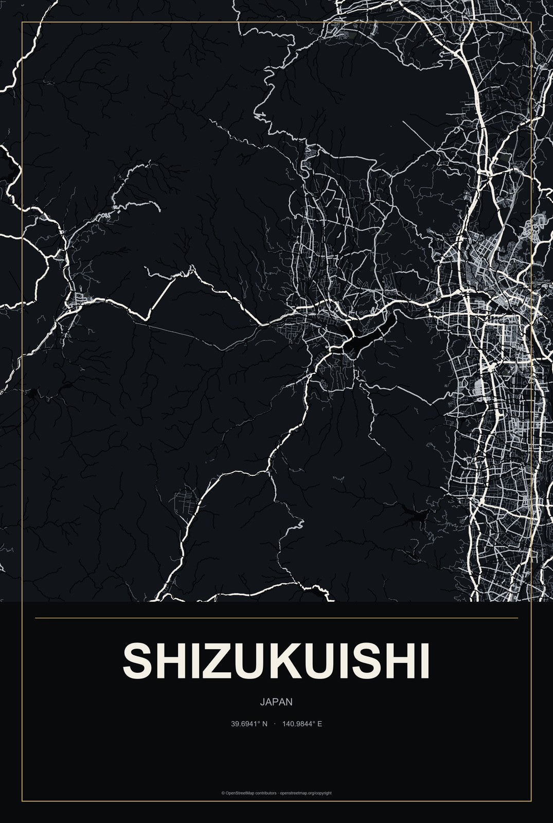 Shizukuishi, Japan City Map Aluminum Sign in Metropolitan Noir style