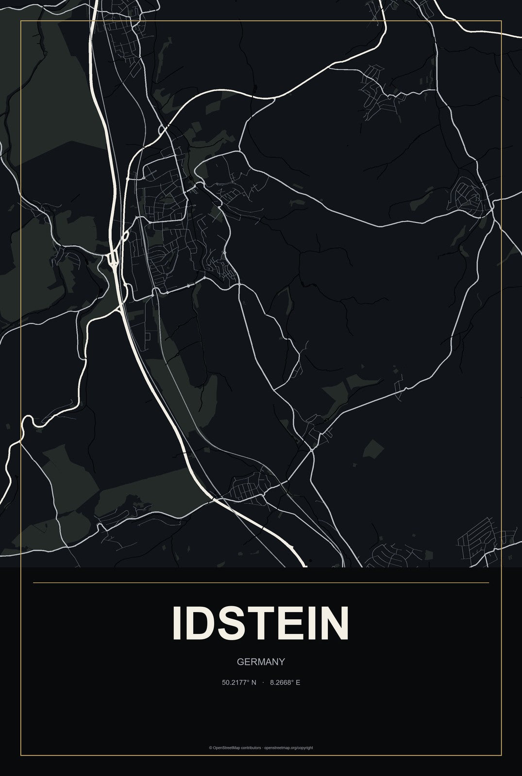 Idstein, Germany City Map Aluminum Sign in Metropolitan Noir style