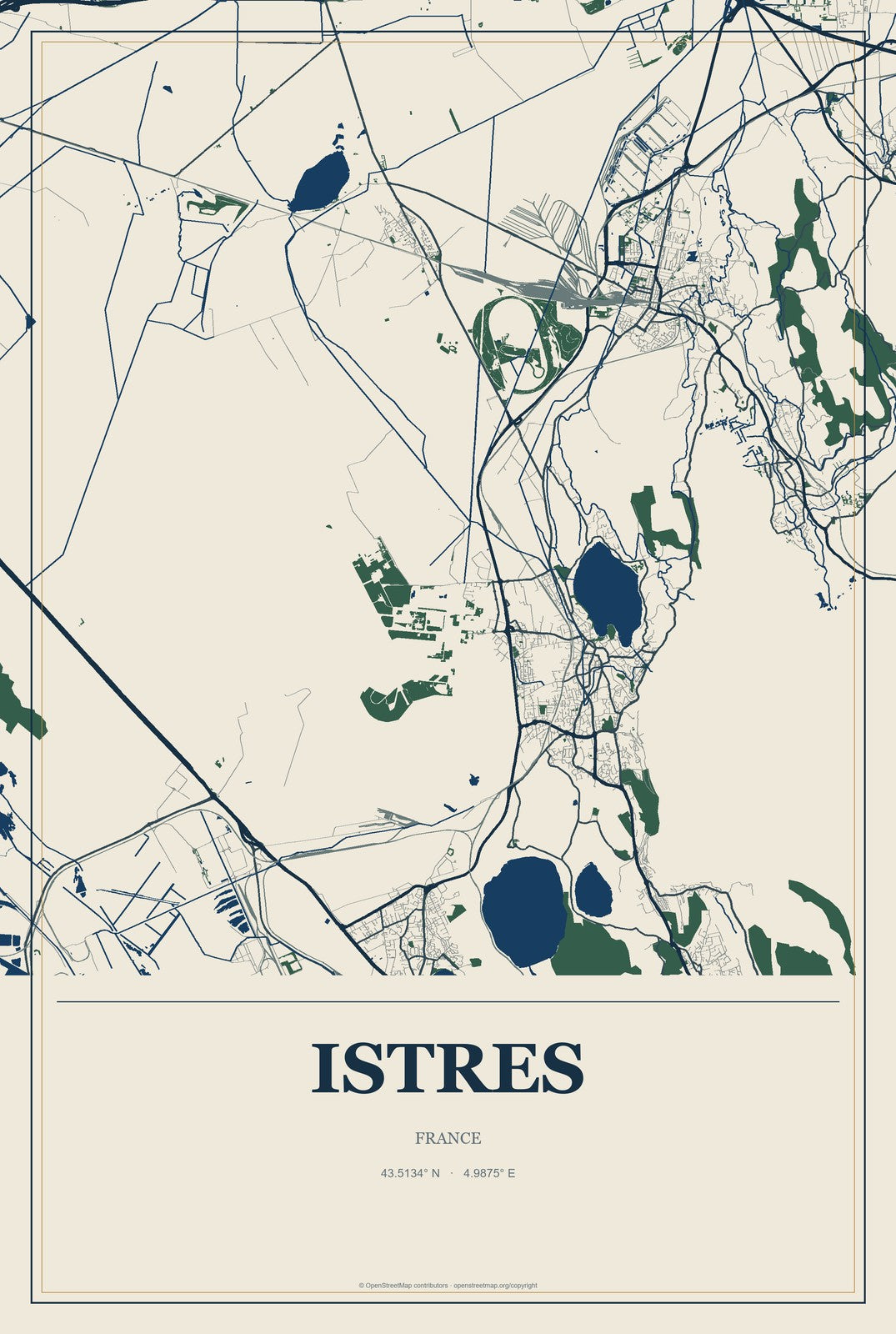 Istres, France City Map Aluminum Sign in Coastal Cutout style