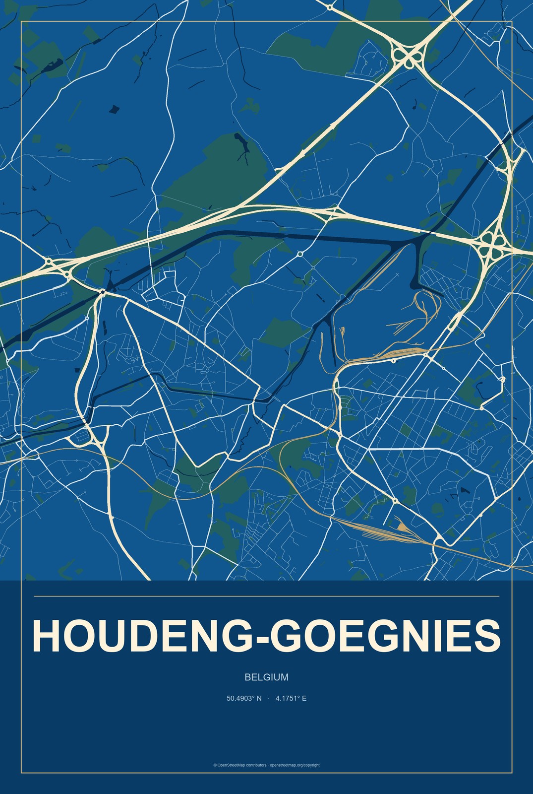 Houdeng-Goegnies, Belgium City Map Aluminum Sign in Harbor Cobalt style