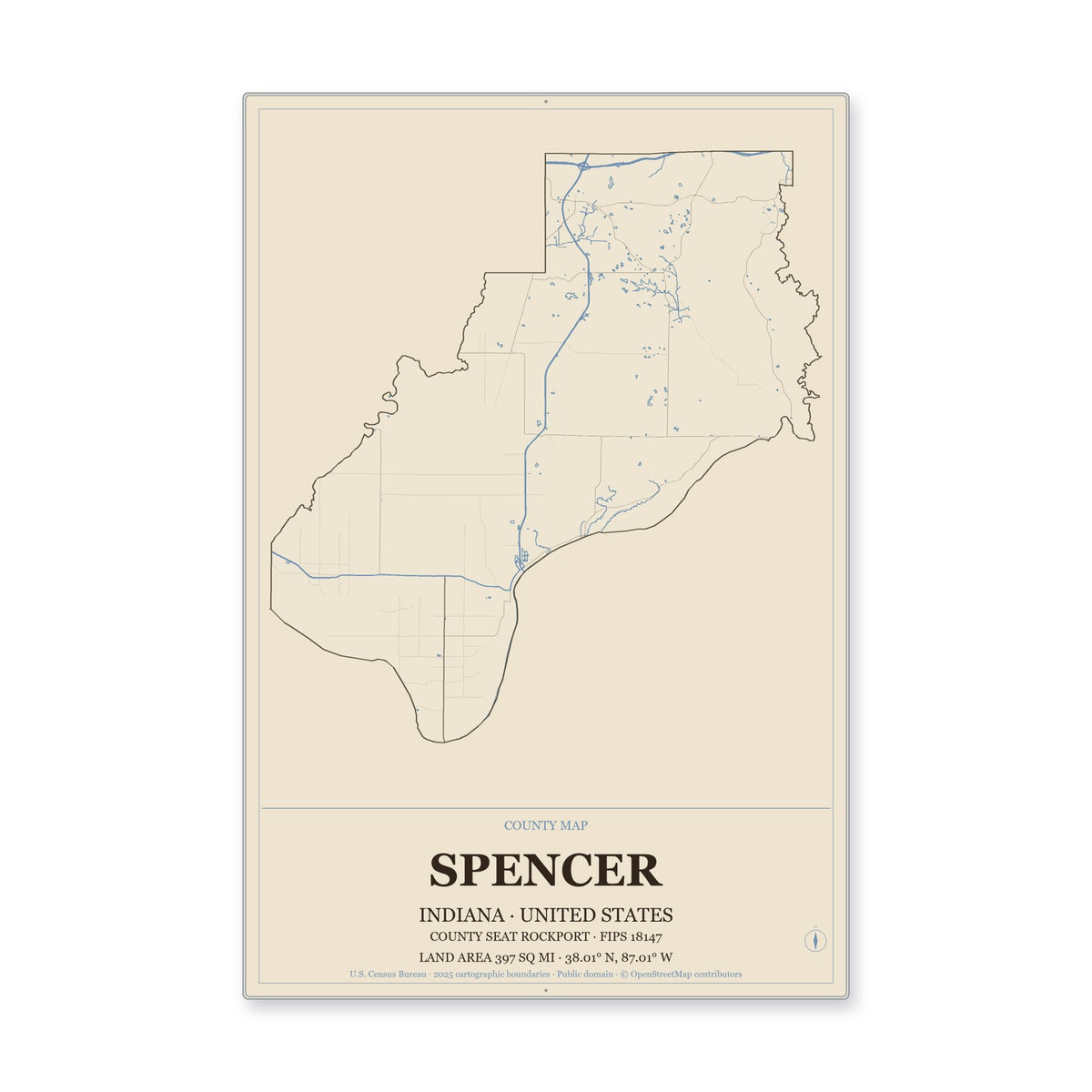 Spencer County, Indiana Map Aluminum Sign in Heritage Nautical style