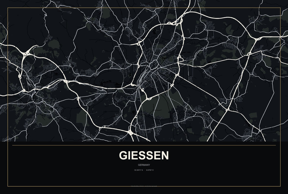 Gießen, Germany City Map Aluminum Sign in Metropolitan Noir style