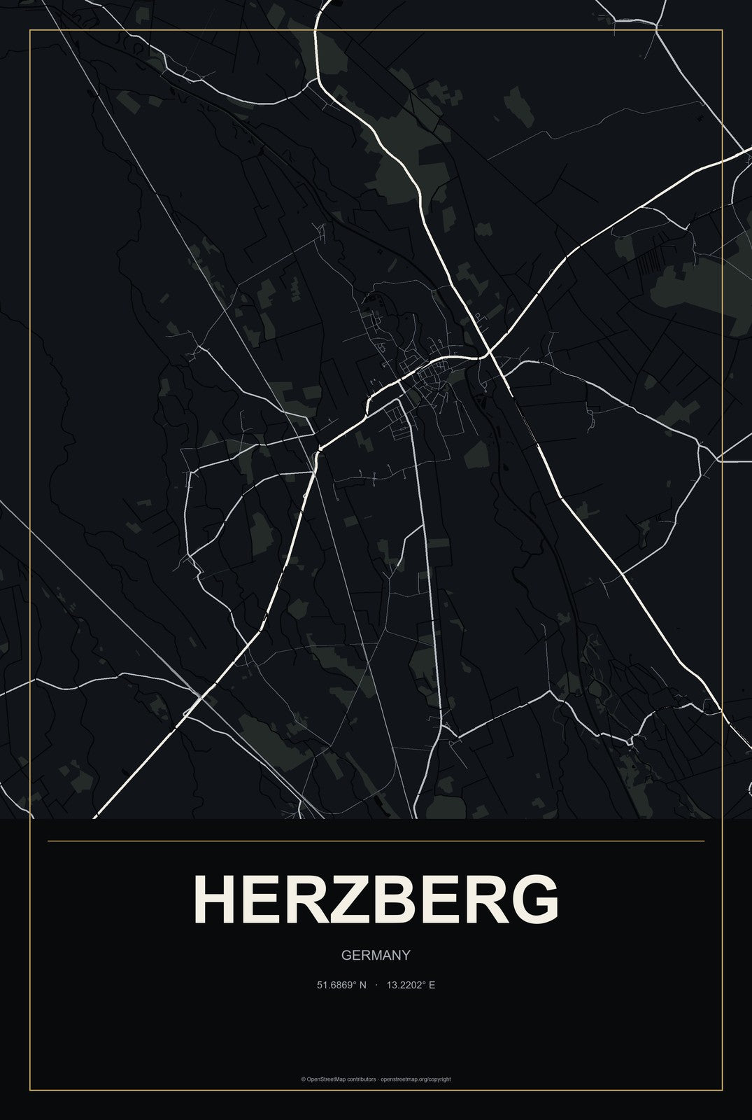 Herzberg, Germany City Map Aluminum Sign in Metropolitan Noir style
