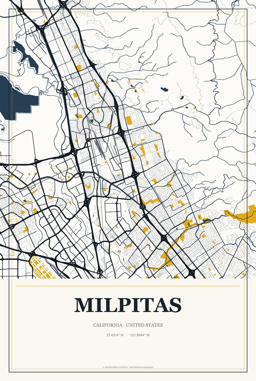 Milpitas, California City Map Aluminum Sign in Citrine Modern style