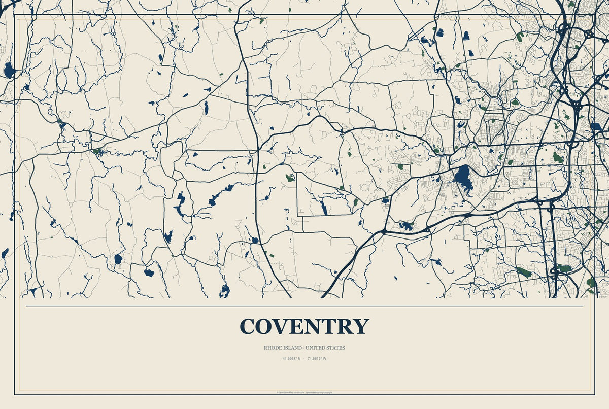 Coventry, Rhode Island City Map Aluminum Sign in Coastal Cutout style