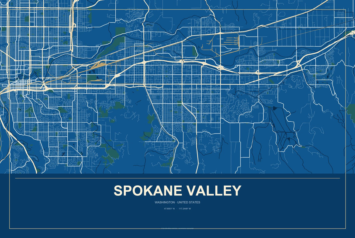 Spokane Valley, Washington City Map Aluminum Sign in Harbor Cobalt style