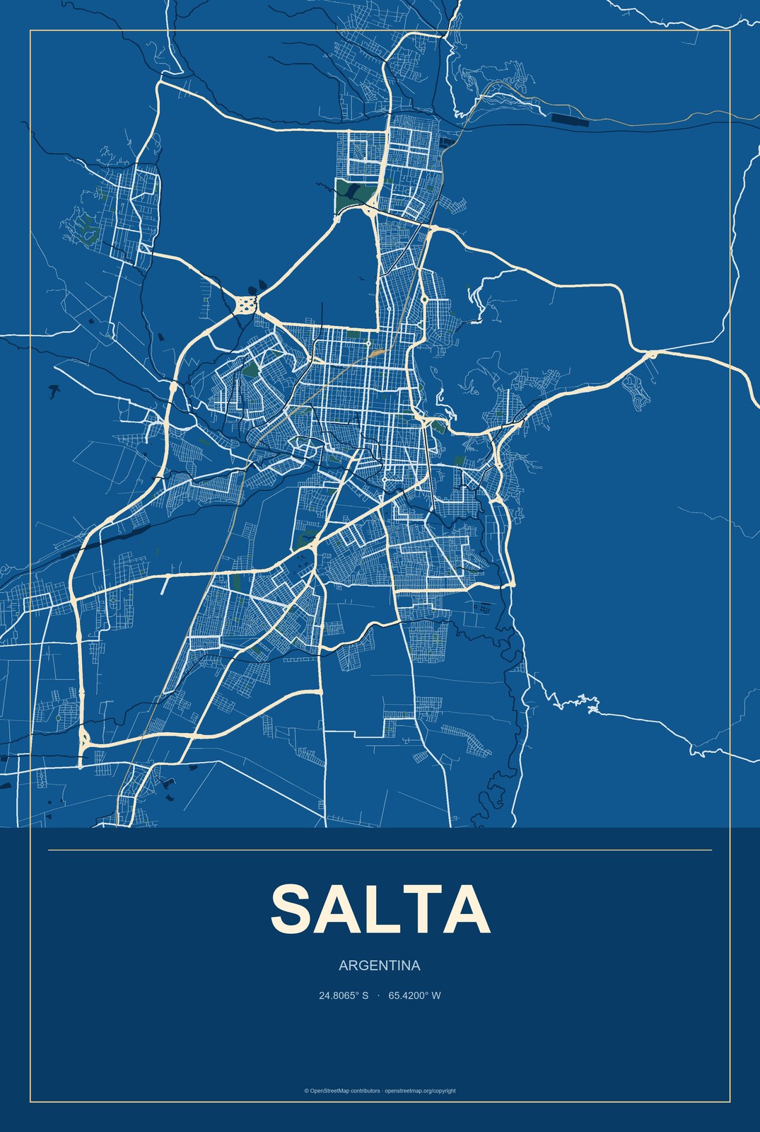 Salta, Argentina City Map Aluminum Sign in Harbor Cobalt style