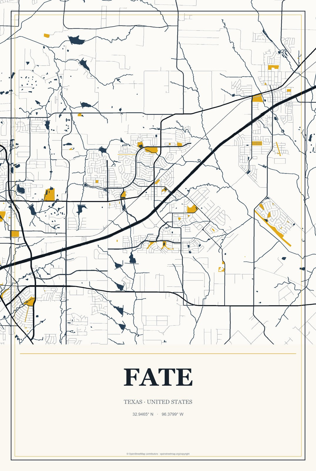 Fate, Texas City Map Aluminum Sign in Citrine Modern style