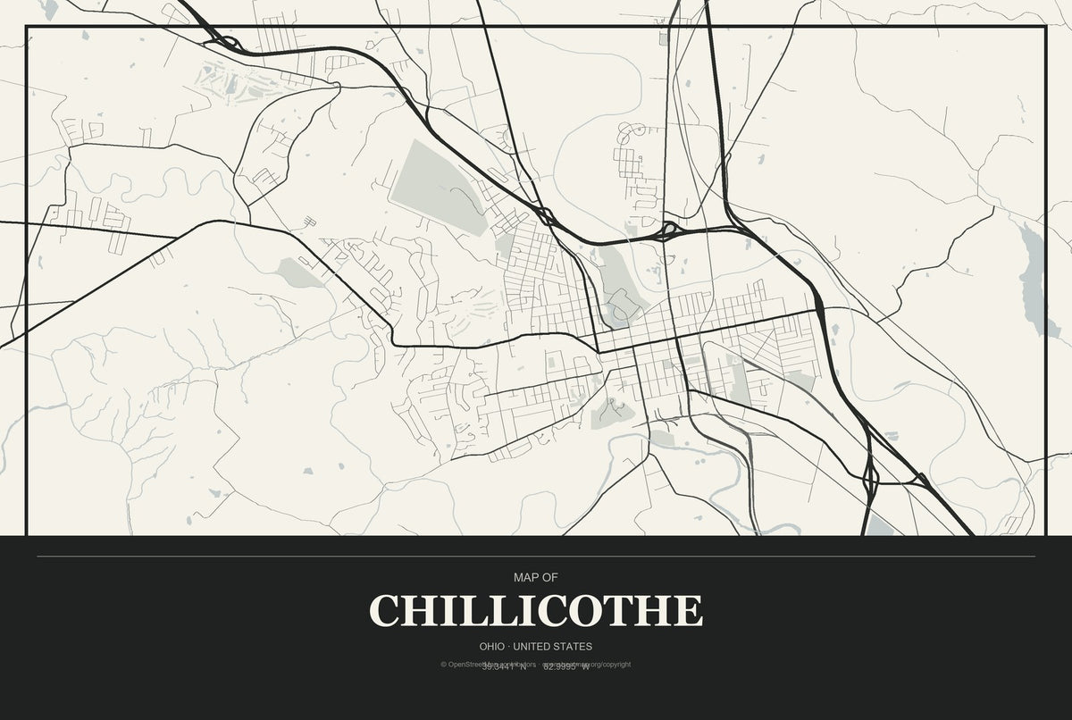 Chillicothe, Ohio City Map Aluminum Sign in Museum Plaque style