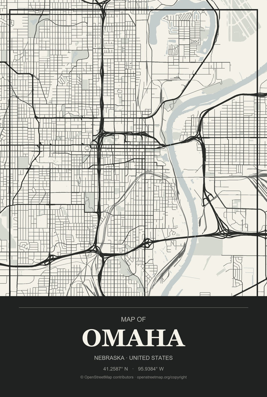 Omaha, Nebraska City Map Aluminum Sign in Museum Plaque style