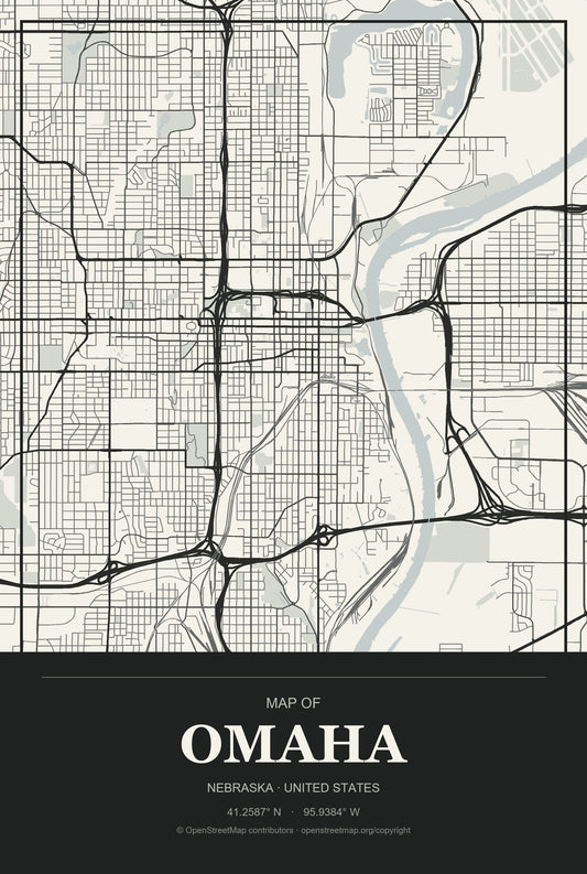 Omaha, Nebraska City Map Aluminum Sign in Museum Plaque style
