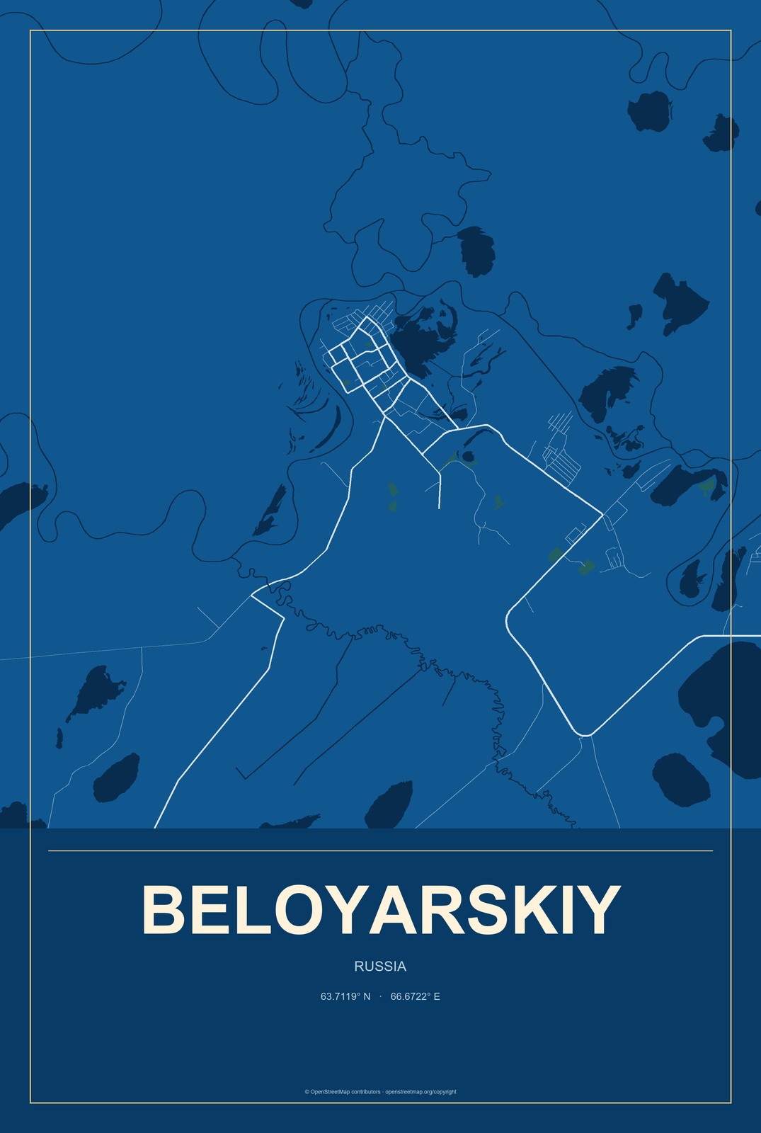 Beloyarskiy, Sverdlovsk Oblast, Russia City Map Aluminum Sign in Harbor Cobalt style