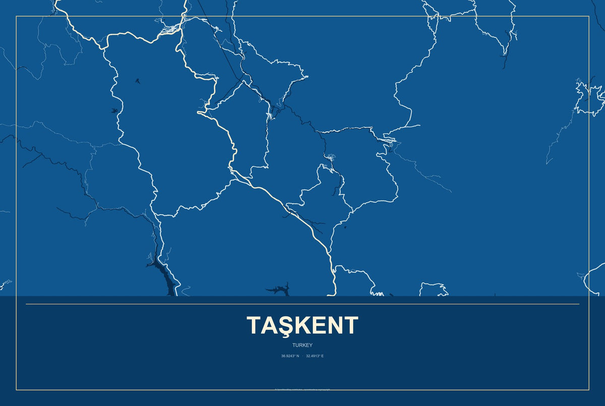 Taşkent, Turkey City Map Aluminum Sign in Harbor Cobalt style