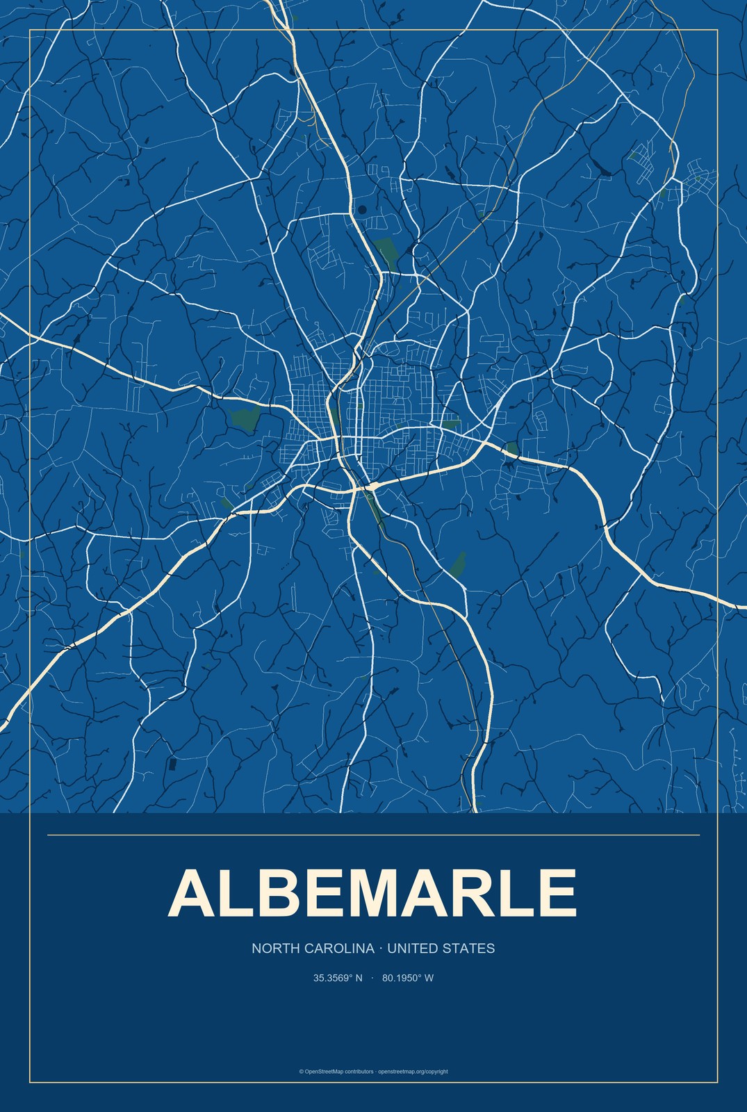 Albemarle, North Carolina City Map Aluminum Sign in Harbor Cobalt style