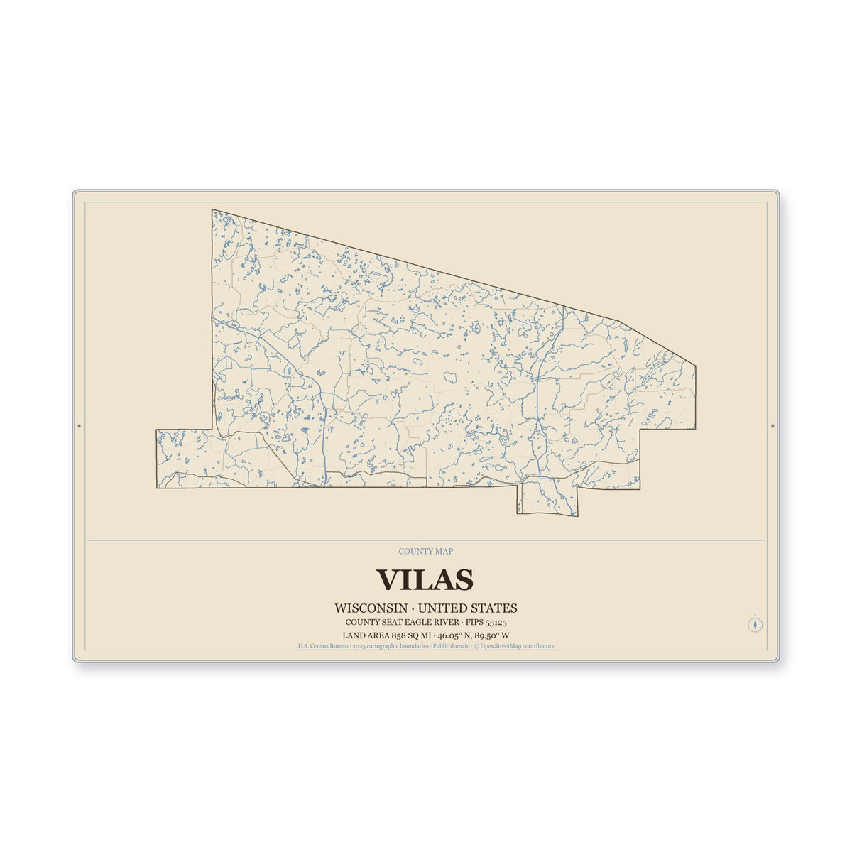 Vilas County, Wisconsin Map Aluminum Sign in Heritage Nautical style