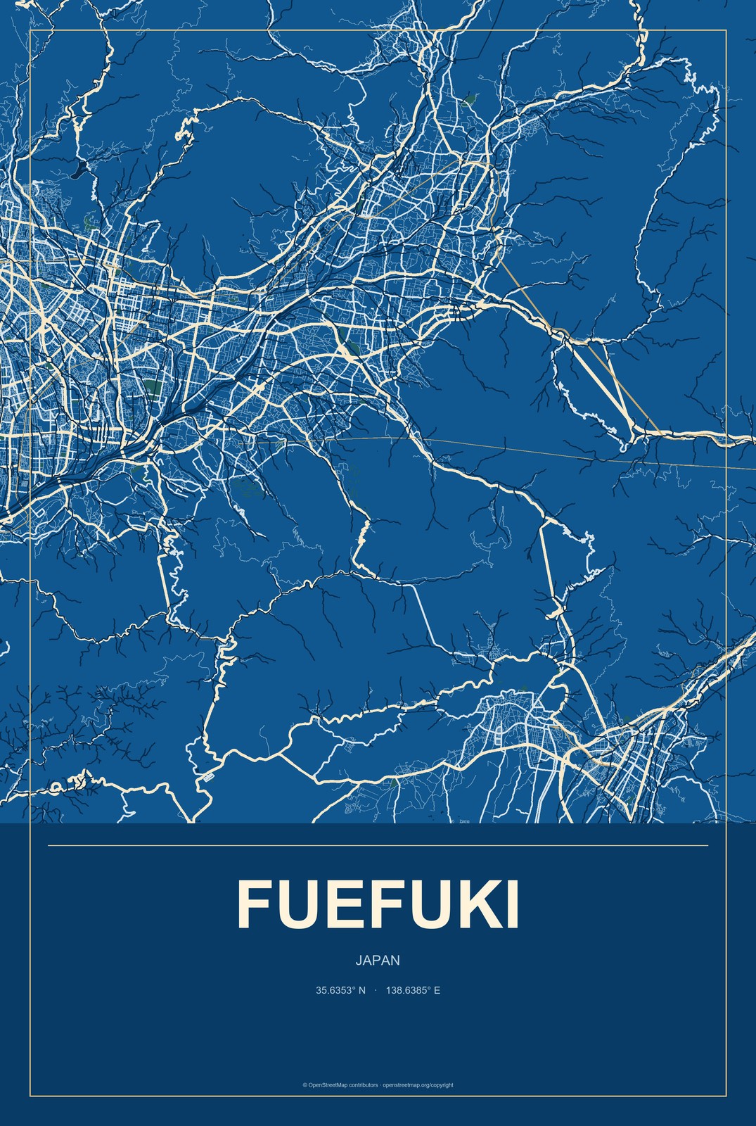 Fuefuki, Japan City Map Aluminum Sign in Harbor Cobalt style