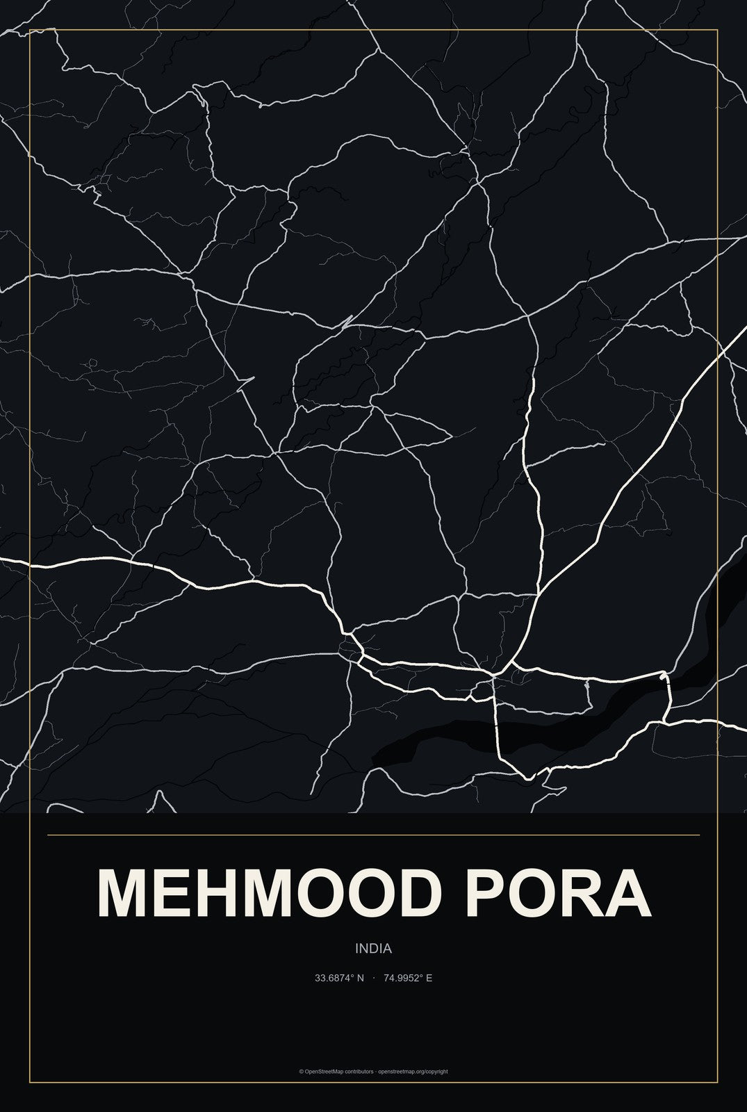 Mehmood Pora, India City Map Aluminum Sign in Metropolitan Noir style