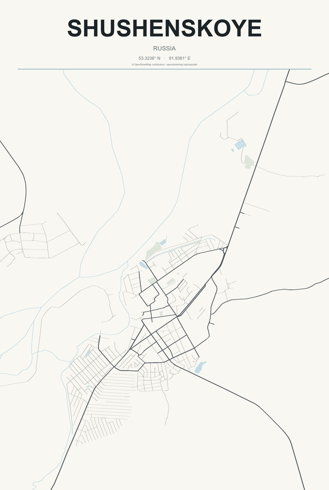 Shushenskoye, Russia City Map Aluminum Sign in Headline Atlas style