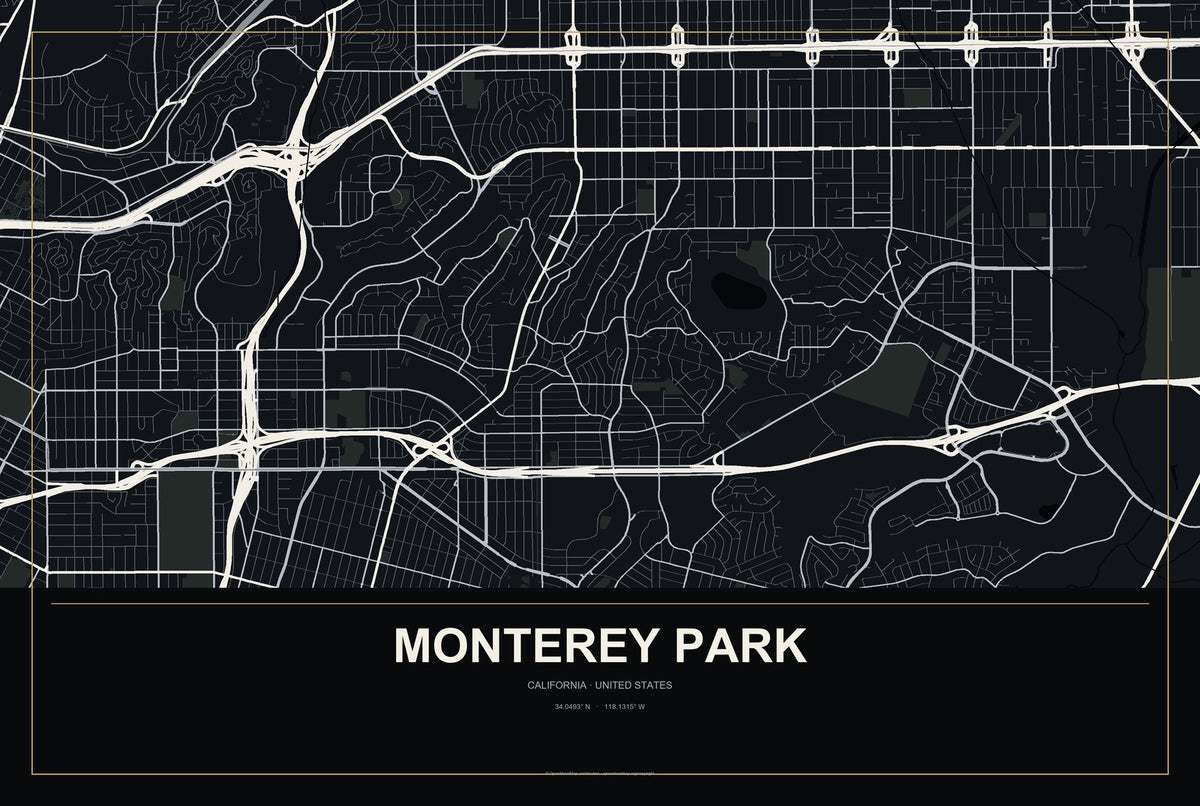 Monterey Park, California City Map Aluminum Sign in Metropolitan Noir style