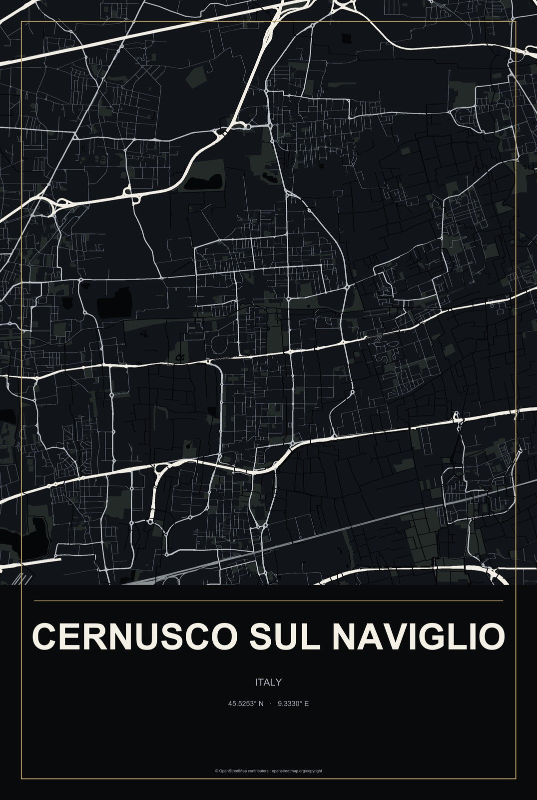 Cernusco sul Naviglio, Italy City Map Aluminum Sign in Metropolitan Noir style