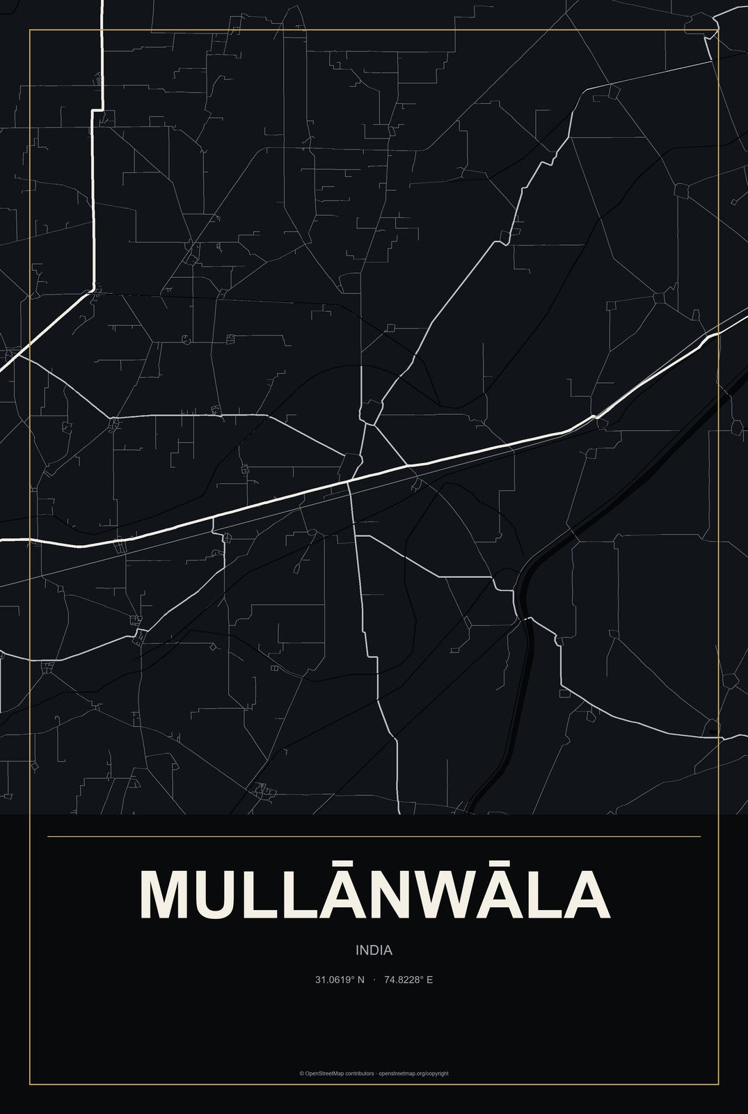 Mullānwāla, India City Map Aluminum Sign in Metropolitan Noir style