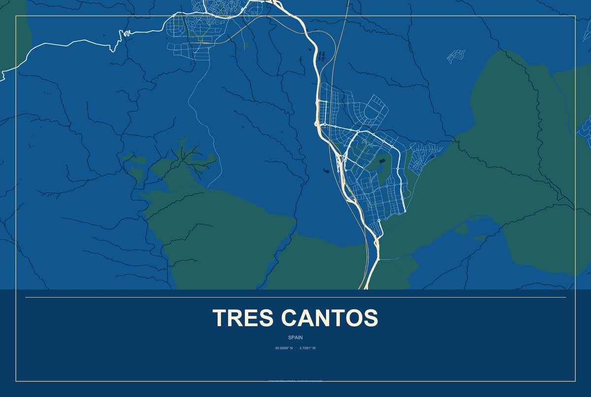 Tres Cantos, Spain City Map Aluminum Sign in Harbor Cobalt style