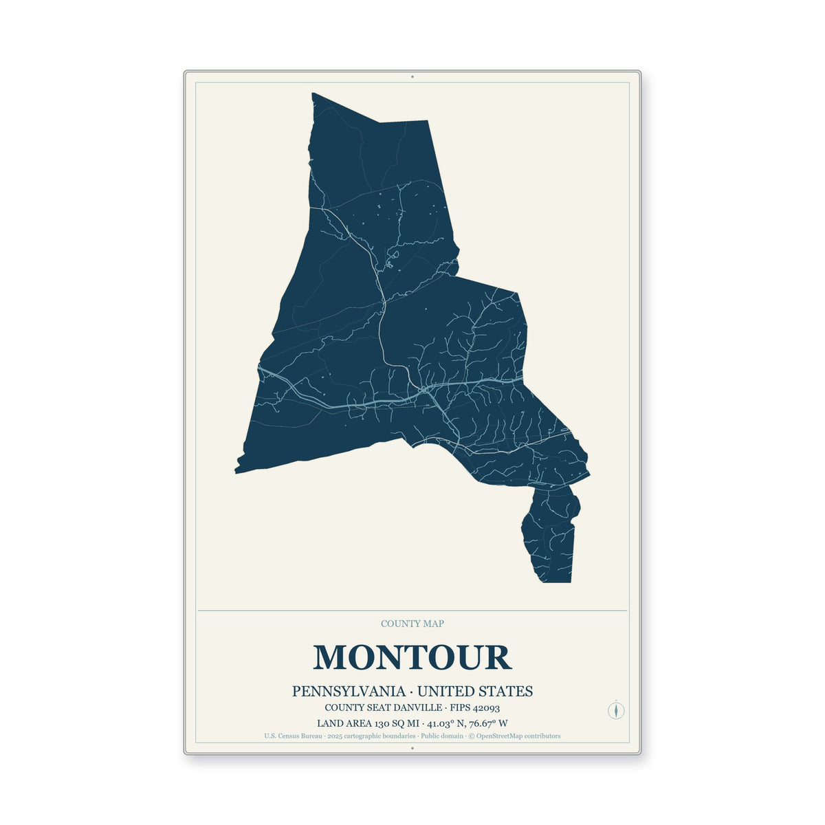 Montour County, Pennsylvania Map Aluminum Sign in Coastal Cutout style