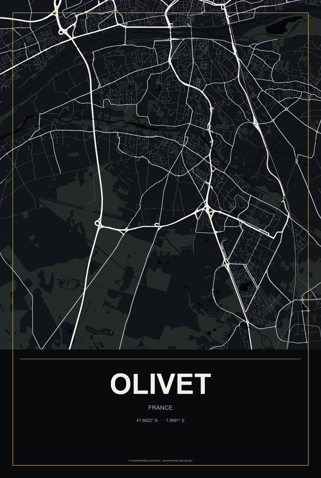 Olivet, France City Map Aluminum Sign in Metropolitan Noir style