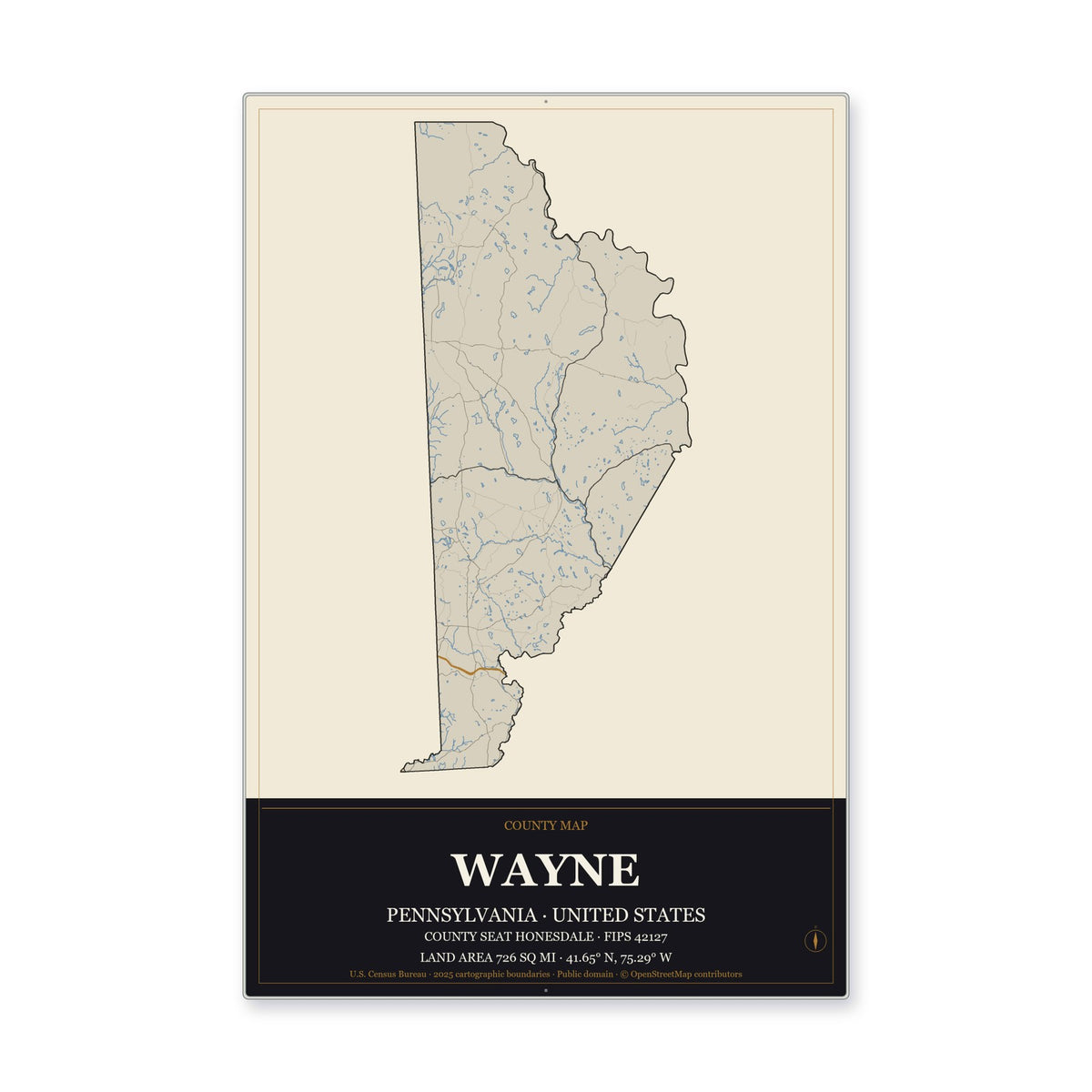 Wayne County, Pennsylvania Map Aluminum Sign in Museum Plaque style