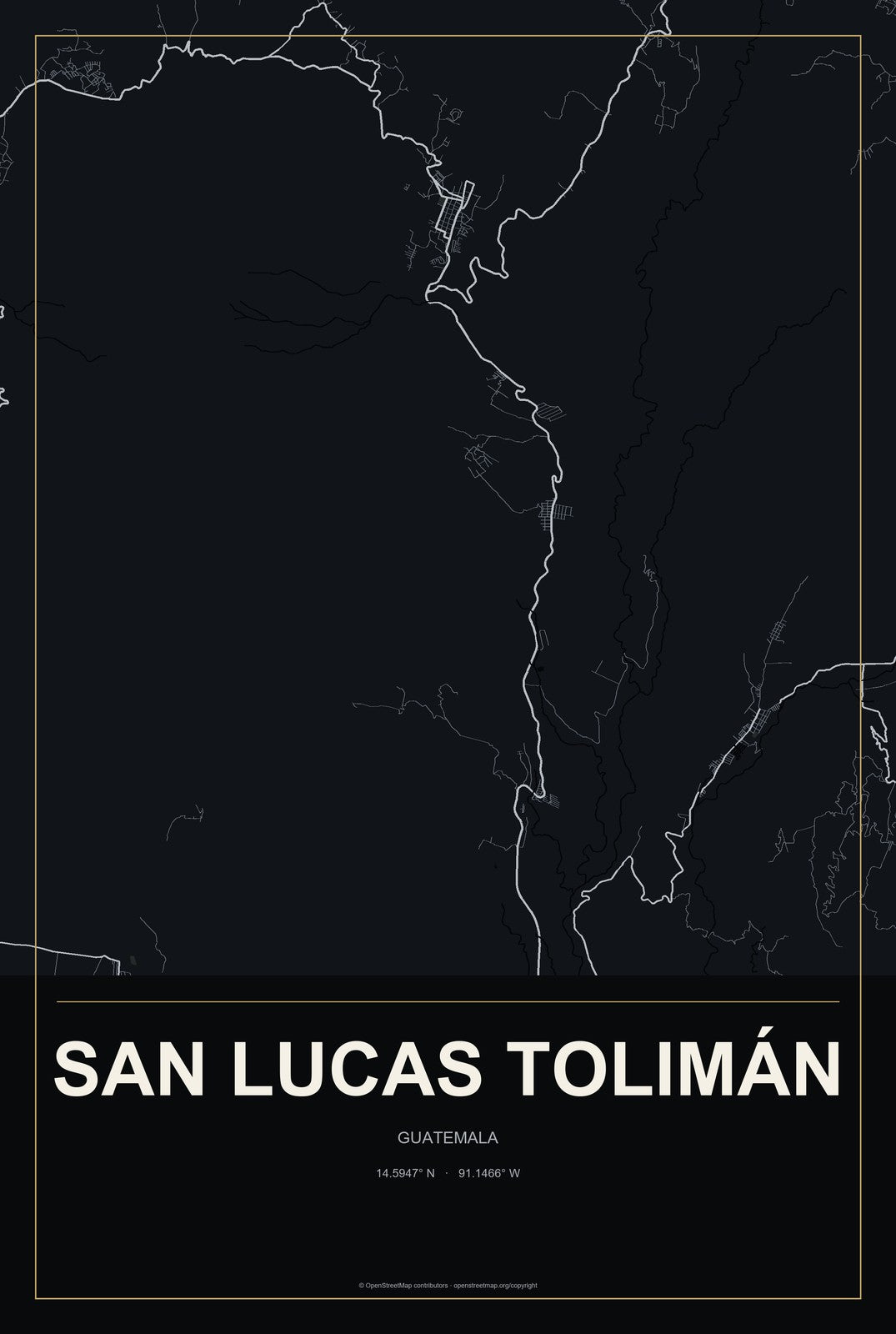 San Lucas Tolimán, Guatemala City Map Aluminum Sign in Metropolitan Noir style