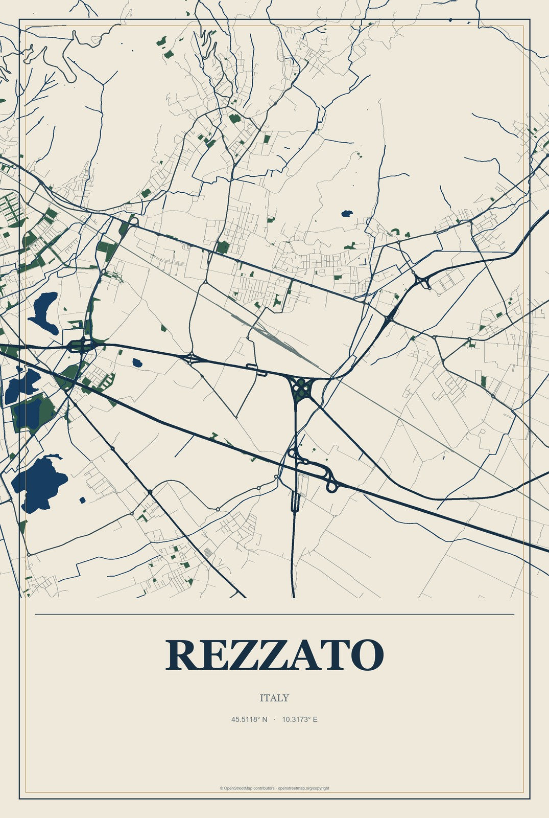 Rezzato, Italy City Map Aluminum Sign in Coastal Cutout style