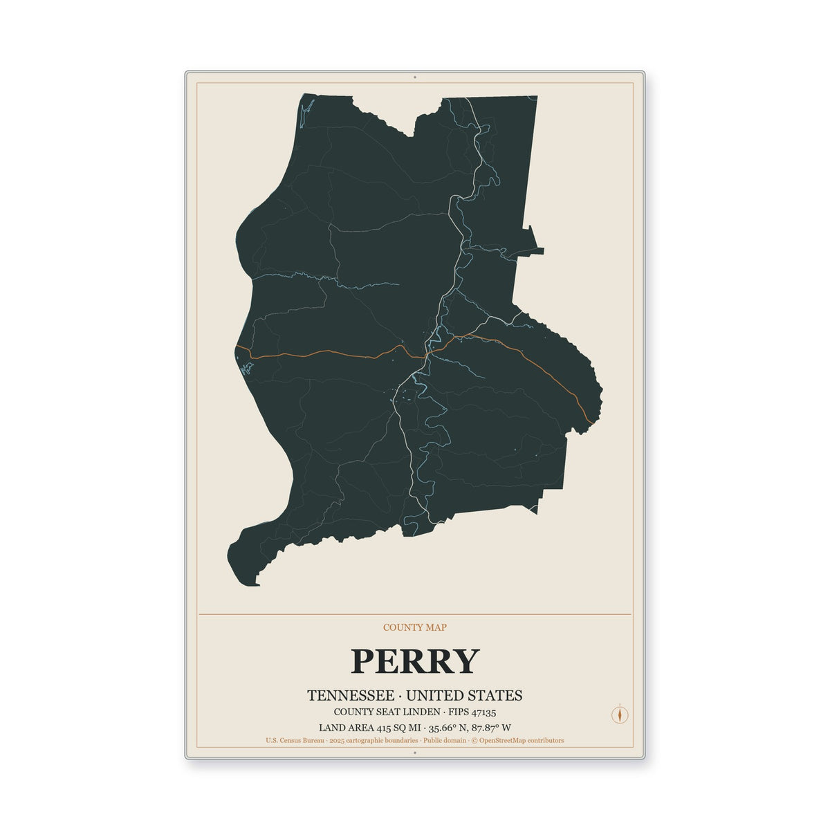 Perry County, Tennessee Map Aluminum Sign in Headline Atlas style
