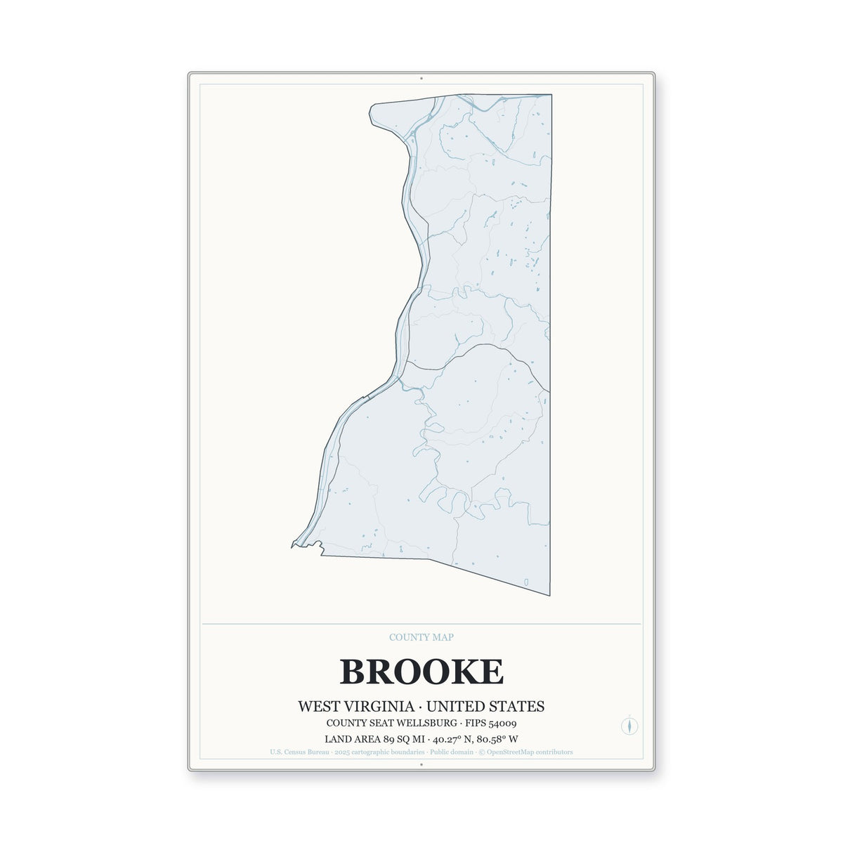 Brooke County, West Virginia Map Aluminum Sign in Gallery Air style
