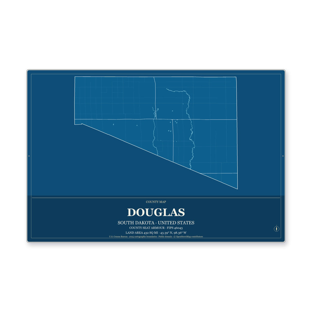 Douglas County, South Dakota Map Aluminum Sign in Harbor Cobalt style