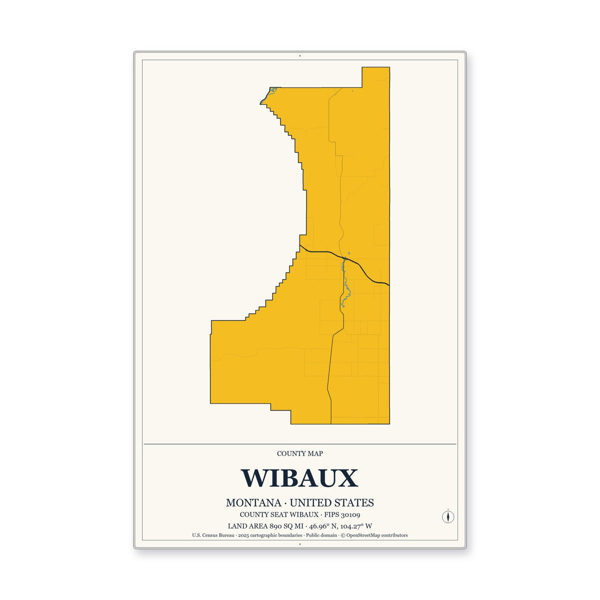 Wibaux County, Montana Map Aluminum Sign in Citrine Modern style