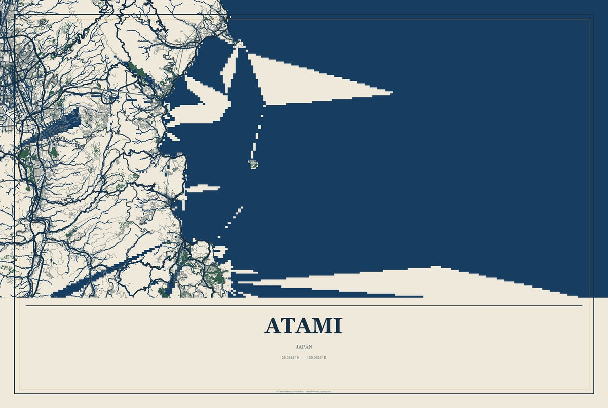 Atami, Japan City Map Aluminum Sign in Coastal Cutout style