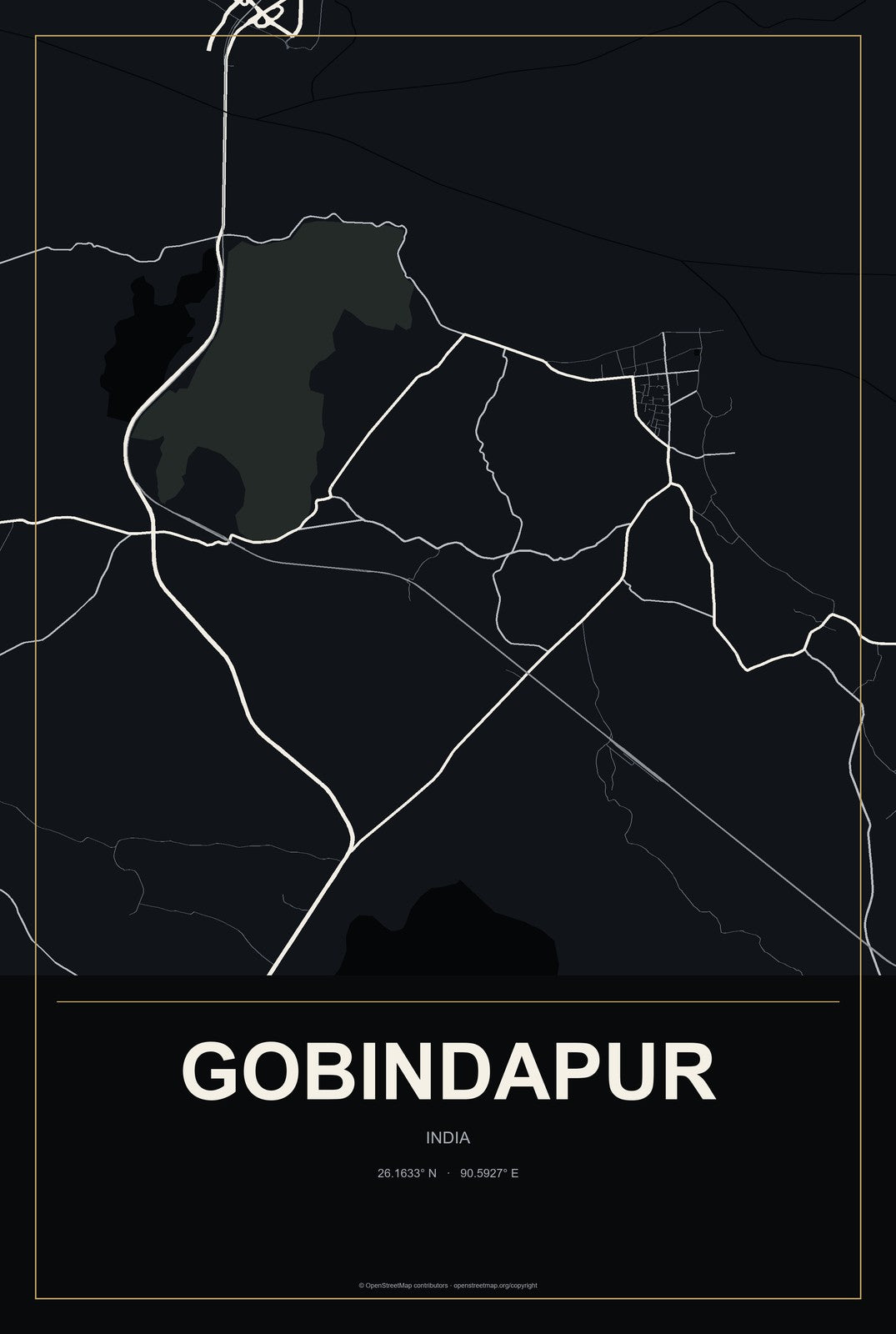 Gobindapur, Assam, India City Map Aluminum Sign in Metropolitan Noir style